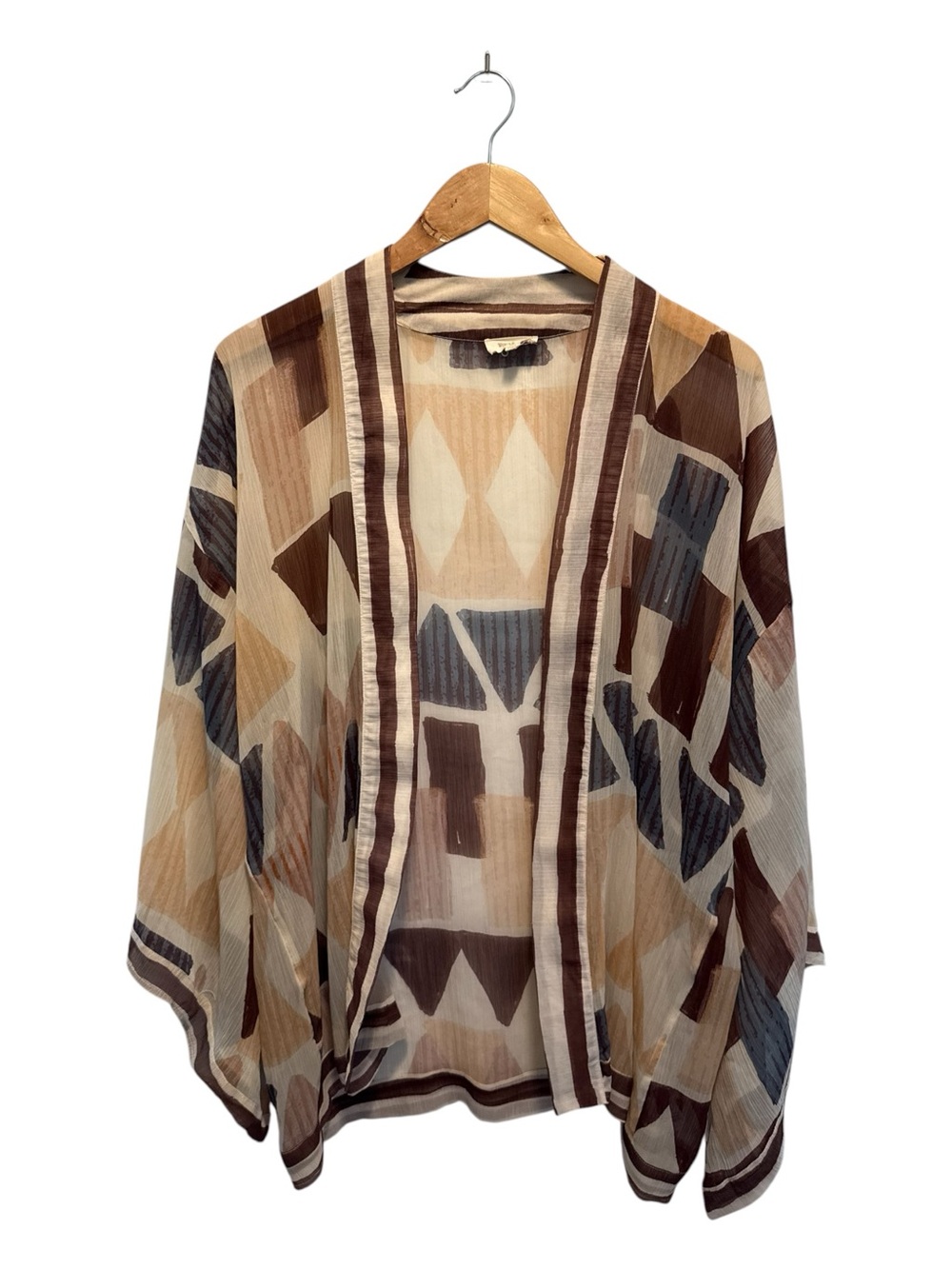 World Market Lightweight Geometric Print Open Kimono Jacket - Brown & Cream